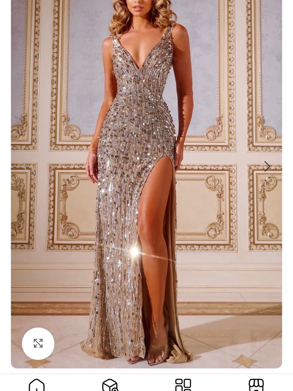 Gold Sequin V-Neck Evening Gown with High Slit JOVANI SIZE 4 sku 43623